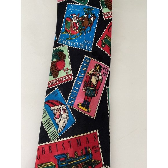 Vintage Addiction 1991 Christmas Santa Postcard Tie 100% Silk Holiday Multi Wide - Picture 13 of 16